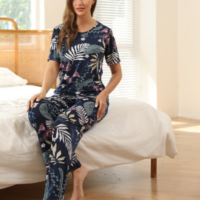 藏青色夏季薄款白色树叶家居服